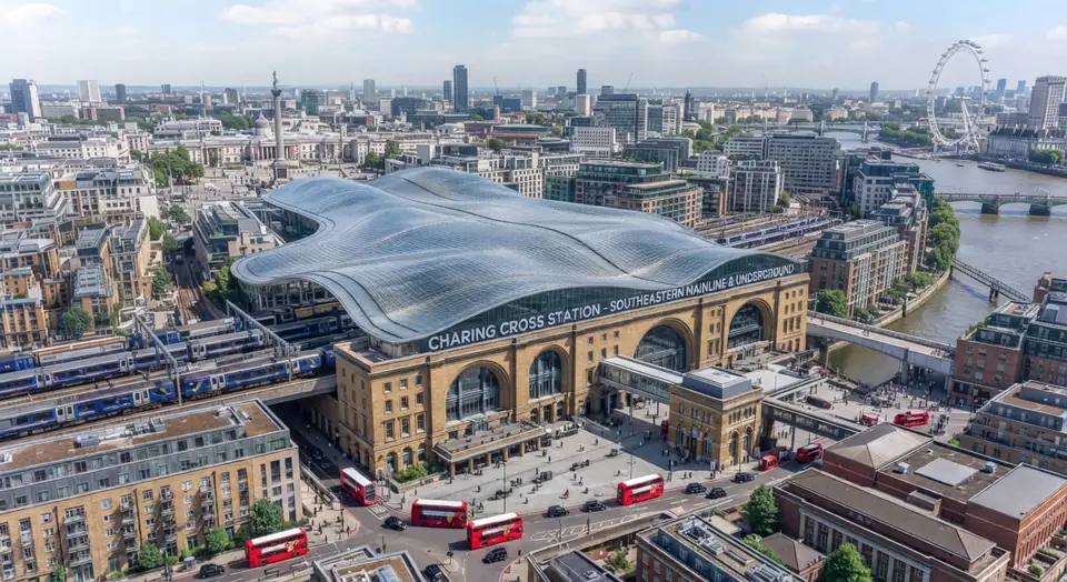 Aerial illustration of Charing Cross station beside the Thames and the London Eye