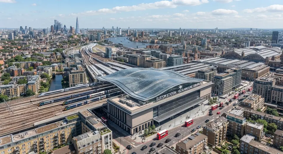 Aerial illustration of Euston station and its railway tracks in north London