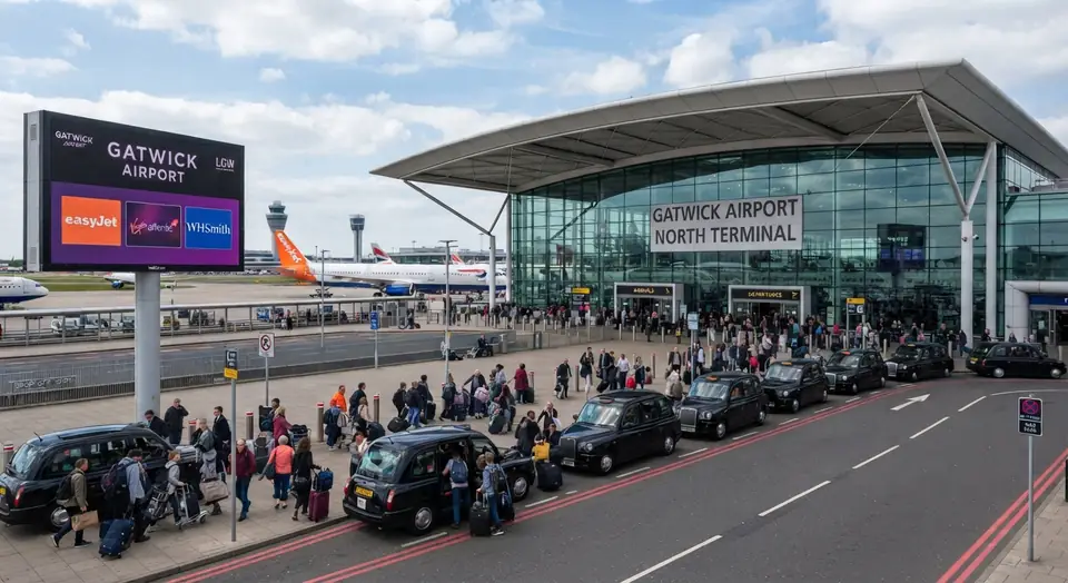 Illustration of passengers with luggage outside Gatwick Airport North Terminal