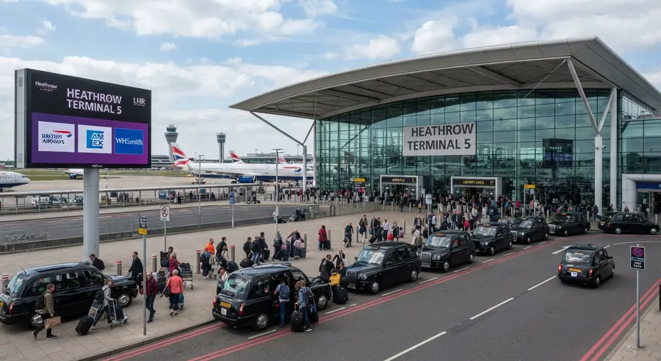 Illustration of travellers and cars outside the departures entrance at Heathrow Terminal 5