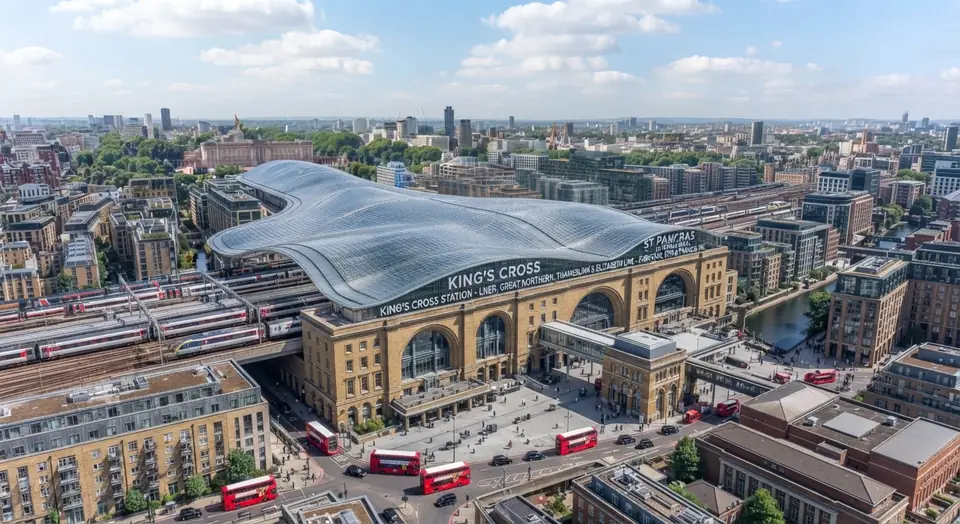 Aerial illustration of King's Cross station with red buses on the road outside