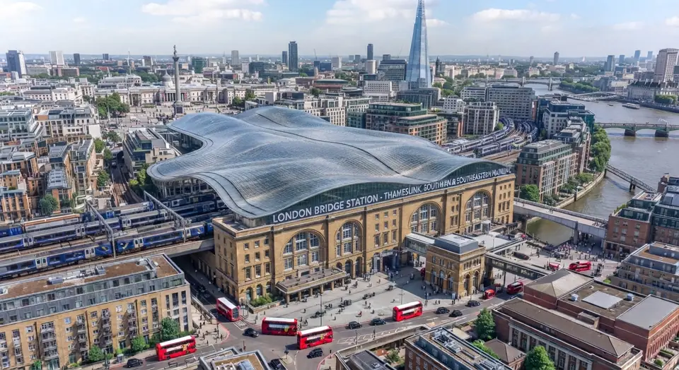Aerial illustration of London Bridge station with The Shard behind it