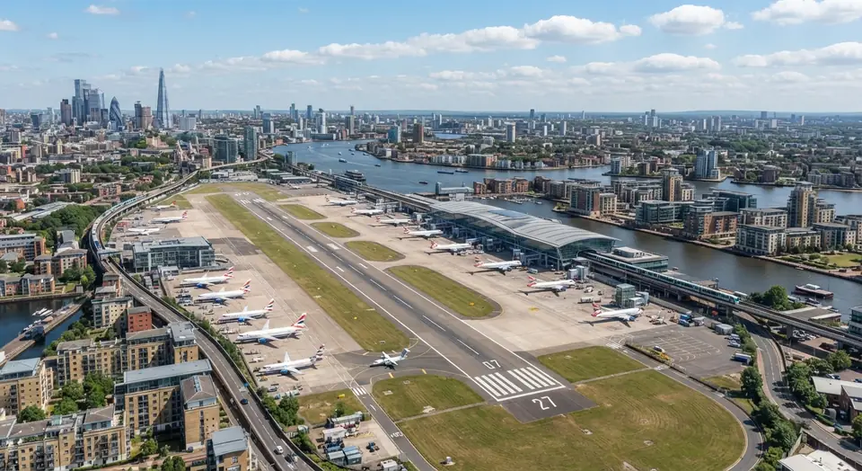Aerial illustration of the London City Airport runway beside the Royal Docks