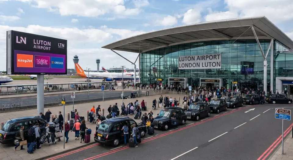 Illustration of travellers and waiting cars outside London Luton Airport
