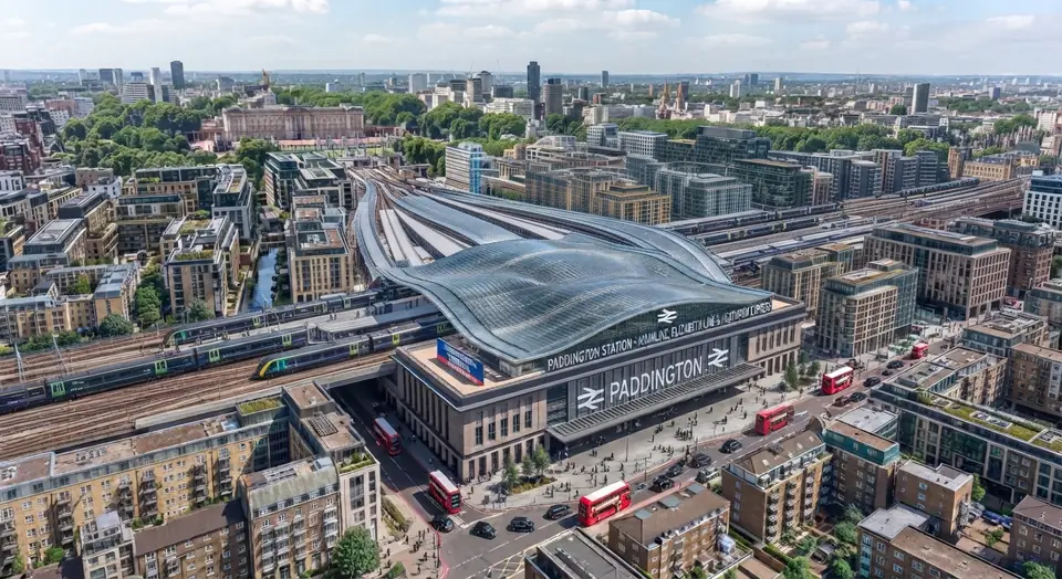 Aerial illustration of Paddington station with trains and red buses