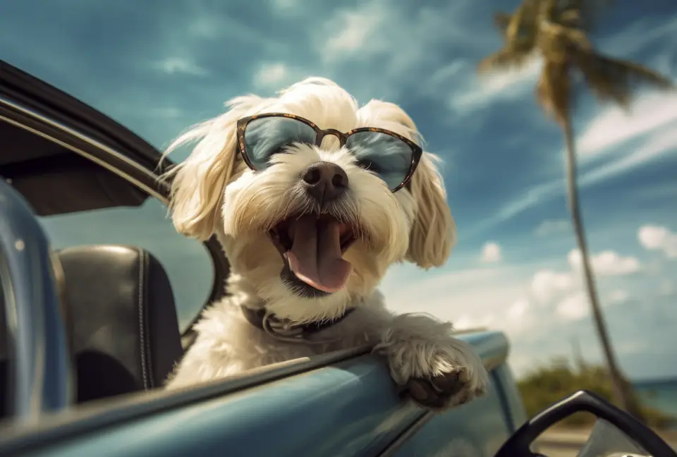 A happy white dog in sunglasses looking out of a car window