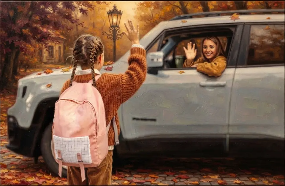 Painting of a girl with a pink school bag waving goodbye to a driver in a car