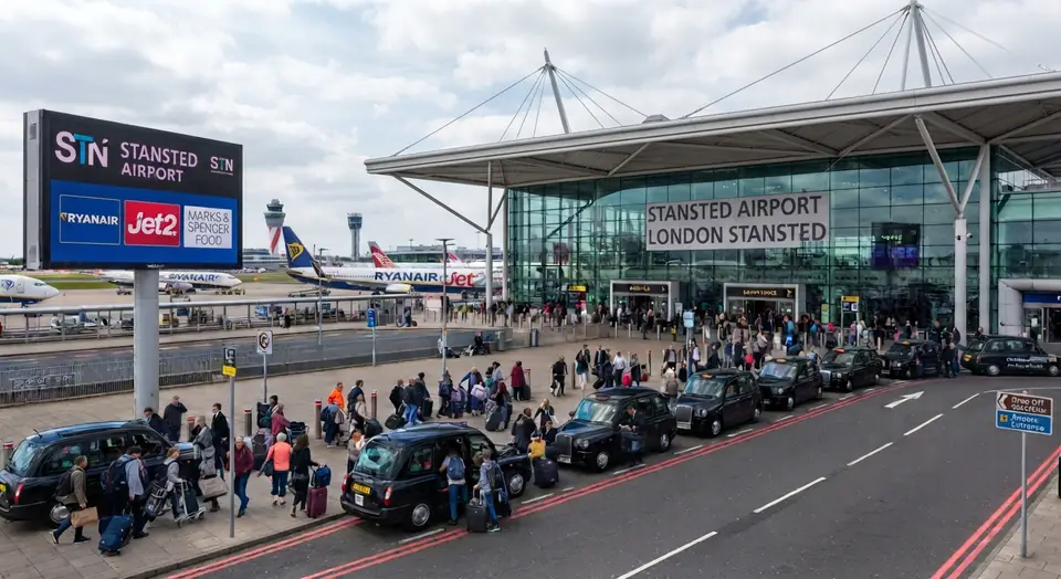 Illustration of the busy drop-off road outside London Stansted Airport