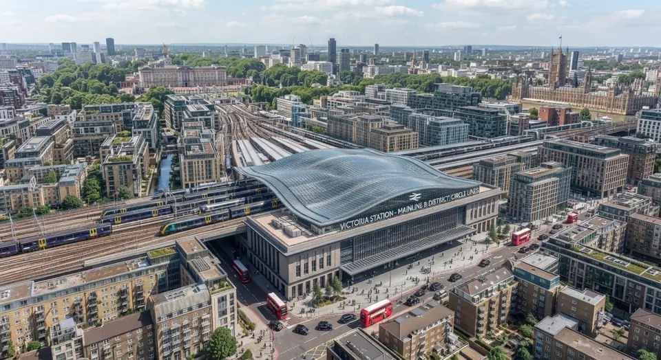 Aerial illustration of London Victoria station with Buckingham Palace in the distance