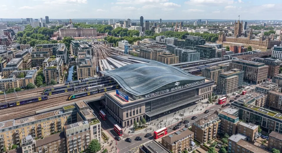 Aerial illustration of Waterloo station near the Houses of Parliament